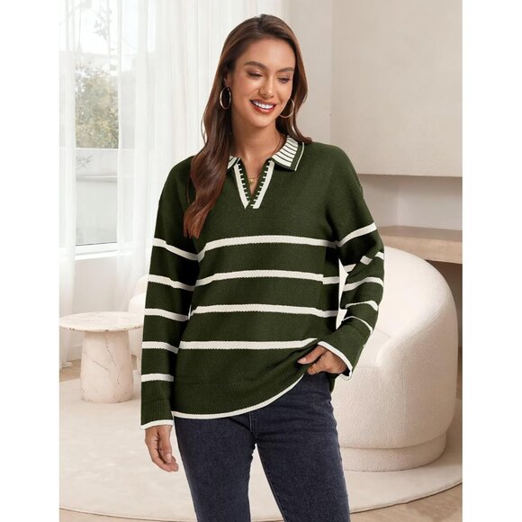 Women’s Army Green Fall Polo Sweater Striped V Neck Long Sleeve Pullover - Picture 4 of 6